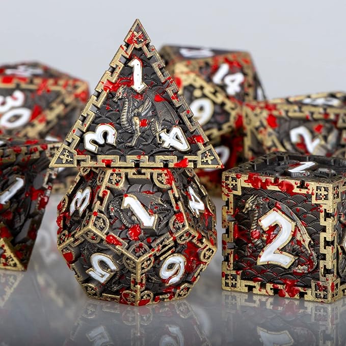 ARUOHHA Metal Blood DND Dice with Gift Box, Bronze Dragon Design Large Polyhedral Dice RPG Role Playing Games D and D D20 D12 D10 D8 D6 D4