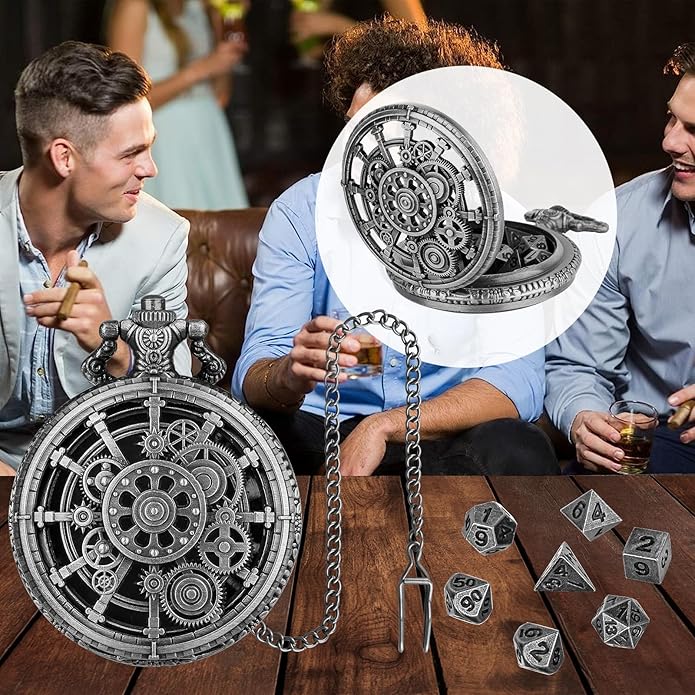 Mini DND Dice Set with Steampunk Hollow Gear Pocket Watch Shell Case, Tiny 7pcs Polyhedral Metal D&D Dice,DND Gifts with Leather Bag, Christmas Gifts, Role Playing Board Games Accessories, Silver
