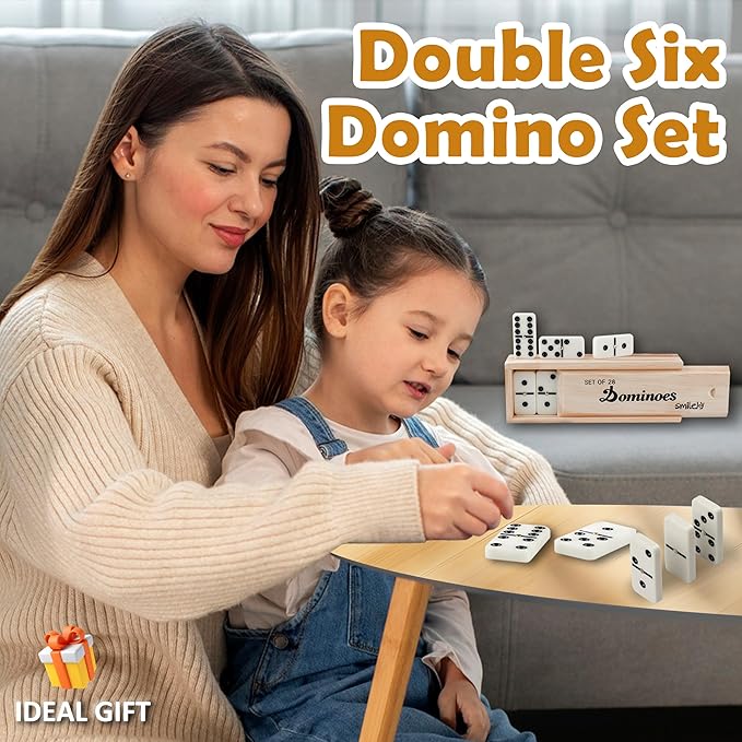 Smilejoy Dominoes Set for Adults, Domino Set for Classic Board Games,Double 6 Domino Game Set 28 Pieces with Wood Case (2 Players)