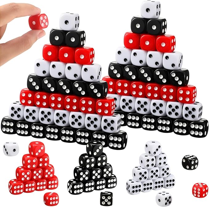 Poen 150 Packs Standard Game Dices Bulk 16mm Acrylic Casino Dice D6 for Board Activities, Birthday Party Supply(Black, Red, White,Round Corner)