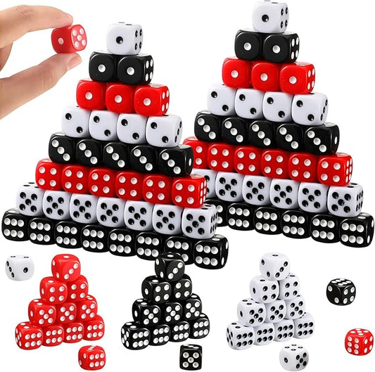 Poen 150 Packs Standard Game Dices Bulk 16mm Acrylic Casino Dice D6 for Board Activities, Birthday Party Supply(Black, Red, White,Round Corner)