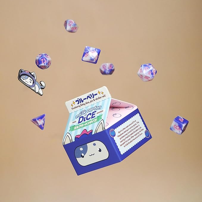 1985 Games Blueberry Kawaii Cat Dice Set – Milk Carton-Inspired Dice for DND | TTRPGs & Tabletop Roleplaying