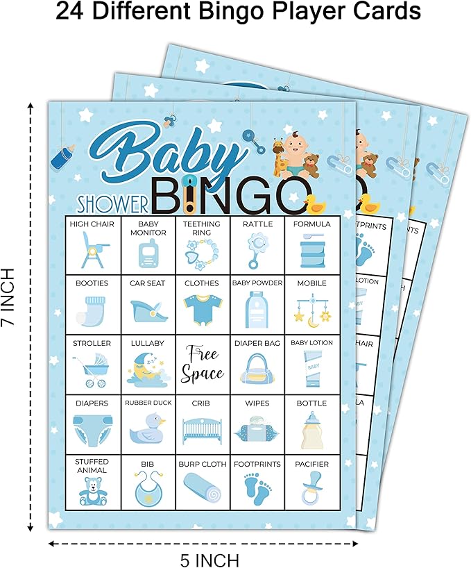 5"x7" Blue Baby Shower Bingo Cards (24 Kinds), Baby Shower Party Favors for Adult, Road Trip Activities, Travel Bingo, Family Outdoor Party Activity -004