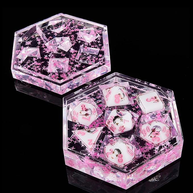DND Dice Set Polyhedral, IDTQ Dungeons and Dragons Purple Dice Set RPG MTG Table Games 7-Die Resin Sharp with Acrylic Starlight Accent Box (Lips-White)