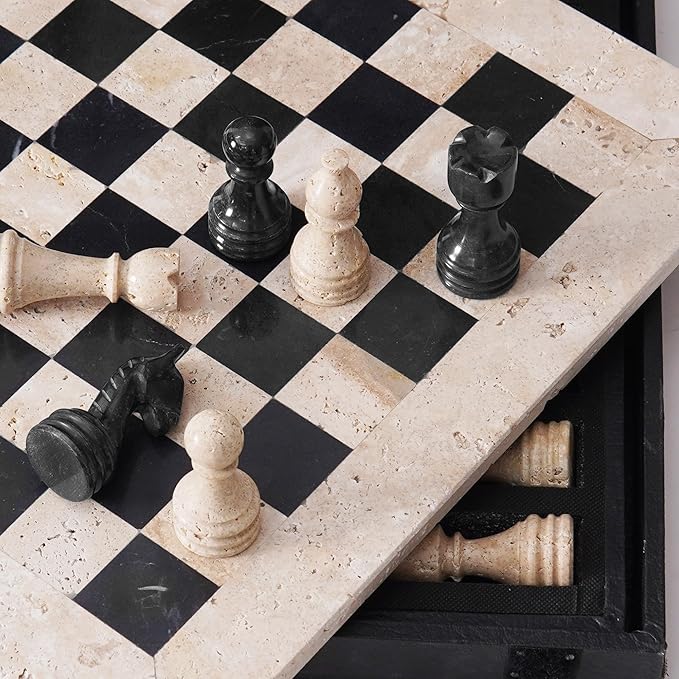 Marble Chess Set 15 Inch Travertine & Black Checkers Board Game with Pieces, 2 Extra Queens and Storage Box, Strategy Set for Adults & Family, Travel, Tabletop Play