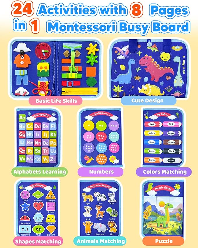 Toddler Busy Board Montessori Toys for 1 2 3 4 Year Old Boy Birthday Gifts, Busy Book Sensory Learning Toys for Toddlers 1-3, Educational Activities Airplane Car Travel Toy for Ages 2-4 Boys