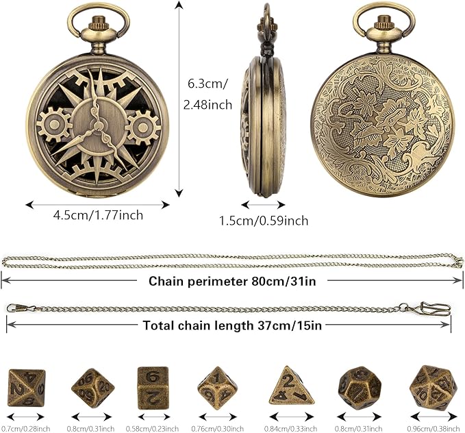 Mini DND Dice Set with Bronze Steampunk Hollow Pocket Watch Shell Case, 7pcs Polyhedral Metal D&D Dice Set, DND Gifts with Gift Box, Role Playing Board Games DND Accessories