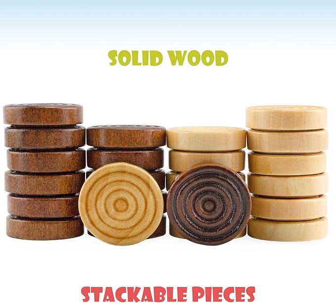 Classic Stackable Wooden Checkers in Natural Wood Color (24 Pieces); with Drawstring Cloth Storage Bag, 1 1/8 Inch