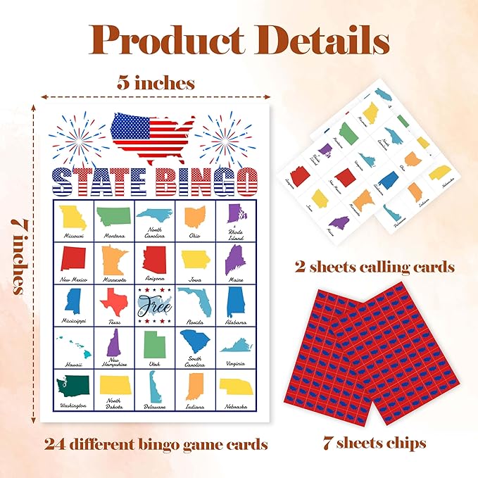 State Bingo Cards, 4th of July Party Theme Bingo Game, Patriotic Game for Family Friends Large Multiplayer Group Activities, Holiday State Party Birthday Independence Day Favors Gifts -12