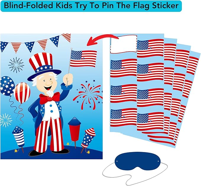 Iconikal 32 Player Bingo Game Set, Patriotic 4th of July Games with Extra Pinning Game