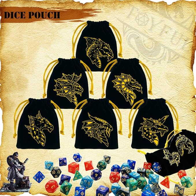 6 Sets DND Dice Polyhedral Dungeons and Dragons DND RPG MTG Table Game Dice Bulk with Free Six Drawstring Bags and D&D Dice Tower Black