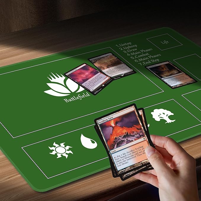 MTG Playmat Stitched with Magic Zone Non-Slip Rubber Backing Printing Commander Board Game Desk Mat Duel Mat TCG PTCG Playmat 24x14 inches and Free Storage Bags (Green)