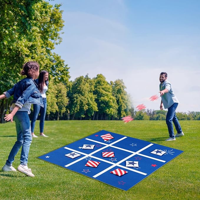 Vanblue 4th of July Tic Tac Toe Bean Bag Toss Game - Giant 3FT Felt Board with 10pcs Red & Blue Bean Bags - Outdoor & Indoor Family Fun Game Set