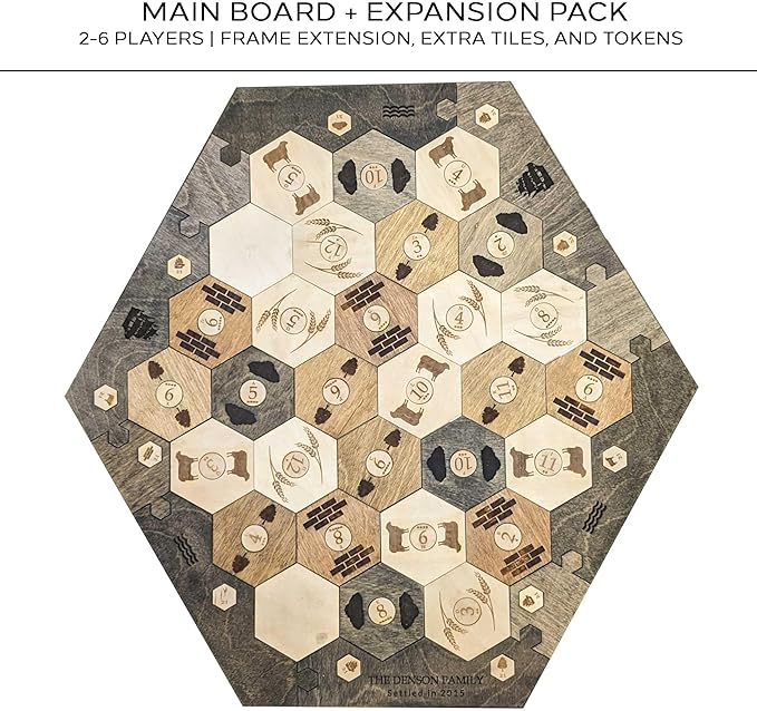 Personalized Wood Settler Game Board with Expansion Pack - 2-6 Players | Includes: Main Board and Expansion Pack