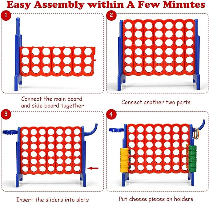 Giant 4 in a Row Connect Game, Jumbo 4 to Score Game Set w/ 42 Chess Rings, Basketball & Hoop, Toss Rings & Quick-Release Lever, Indoor & Outdoor Family Party Game for Kids & Adults