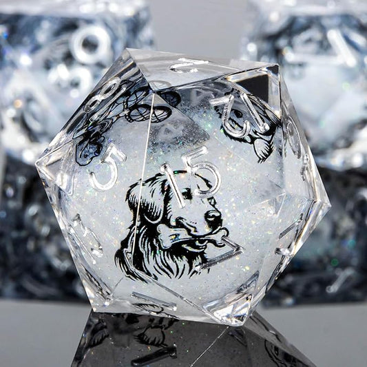 KERWELLSI Dog Liquid Core DND Dice Set with Gift Box, 7 Pcs Resin Sharp Edged Dice, D and D Polyhedral Role Playing Dice D20 D12 D10 D8 D6 D4, White