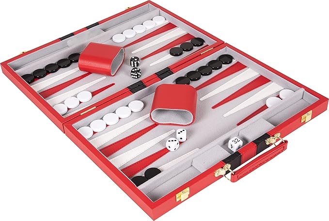 Backgammon Set 15 inch, Medium - Classic Board Game for Adults and Kids with Premium Leather Case - Includes Strategy & Tip Guide (Red)