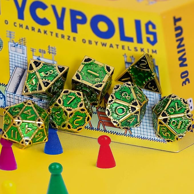 UDIXI Steampunk Metal Dice Set: 7 Die Polyhedral DND Dice Set D&D Dice for Dungeons and Dragons Role Playing Game (Gold-Green Black)