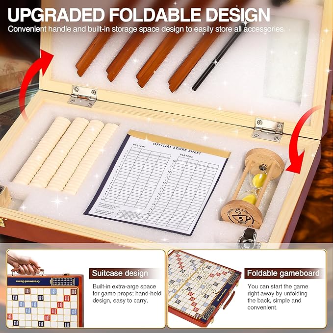 Crossword Game with Magnetic Letter Tiles, Foldable Board into Portable Carry Case, Luxury Edition Word Building Game with Rotating Wooden Board, Educational Family Game for 2-4 Players