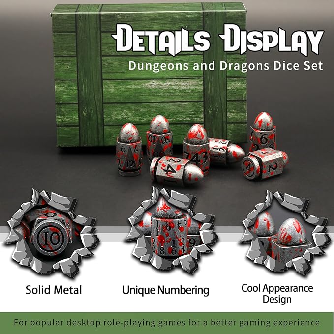 Bullet Dice Set, DND Dice Metal Revolver，ZHOORQI D6 Gun Dice D&D Gifts for Dungeons and Dragons, RPGs(7-Blood Silver)