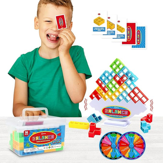 iYuePeng 16PCS Tetra Balance Tower Drop Game Fun Stacking Blocks with Storage Box & Wheel Spinner Balancing Interactive Board Games for Kids Age3+ Perfect for Family Game Night, Classroom