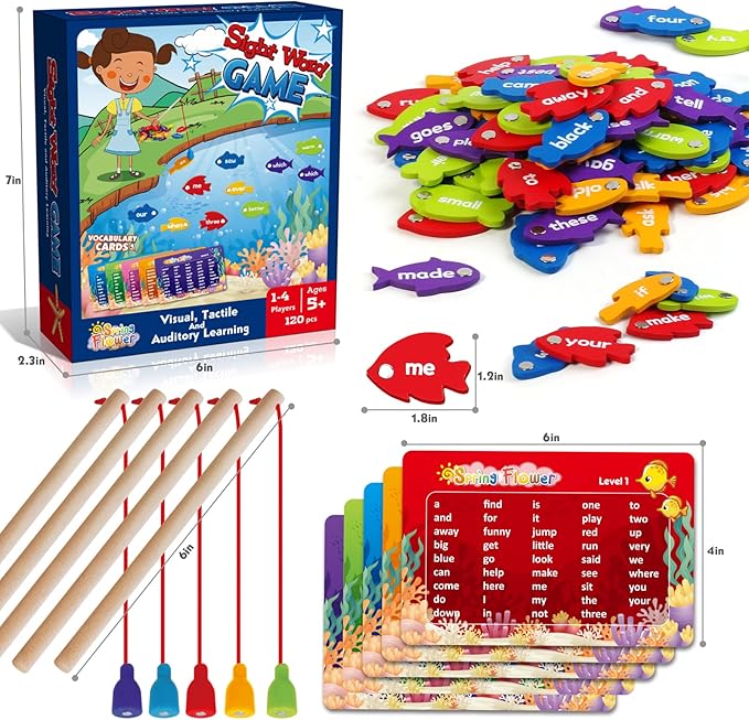 SpringFlower Wooden Magnetic Sight Word Fishing Game, Sight Word Educational Toy for Age of 3,4,5,6 Year Old Kids, Boys & Girls,Homeschool,Visual, Tactile and Auditory Learning