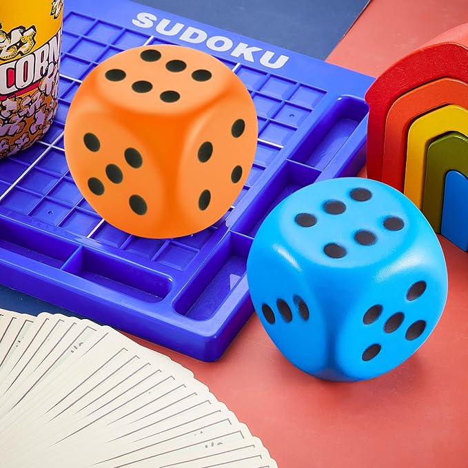 Zomiboo 2 Pcs Large Foam Dice Stress Balls Soft Jumbo 6 Sided Giant Dice Educational Learning Squeeze Anxiety Relieve Toy Gifts for Adults Kids Board Game Classroom(Blue, Orange,3.93 Inch)