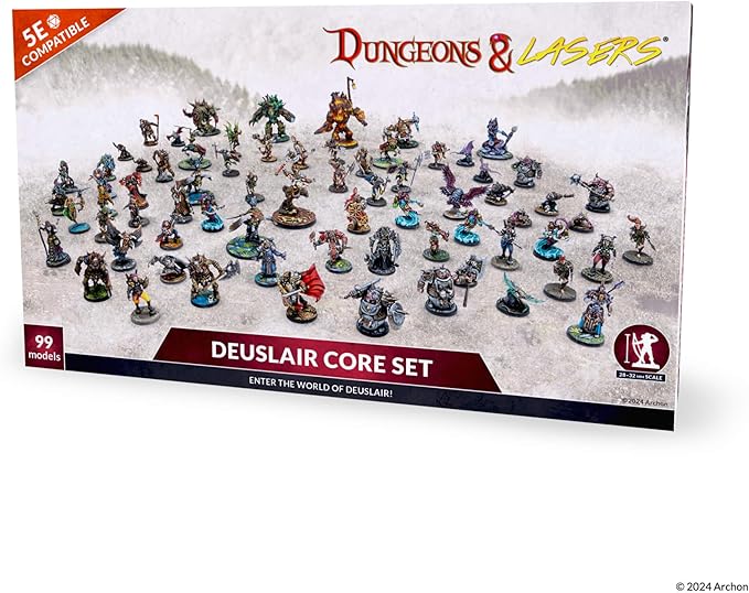 Dungeons & Lasers Deuslair Core DND Miniatures Set - 99 Models with Scenic Bases - 5E Compatible for use with D&D and Tabletop RPG Games - Unpainted and Unassembled - for Ages 14 Years +