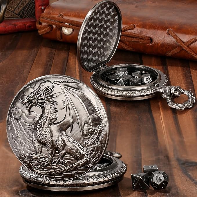 Mini DND Dice Set with Steampunk Dragon Pocket Watch Shell Case, 7pcs Polyhedral Metal DND Dice Set, DND Starter Set, D&D Gifts with Dragon Logo Gift Bag, Role Playing Board Games Accessories, Silver