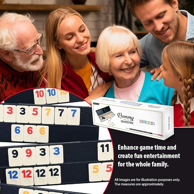 ERLLE - 106 Rummy Tiles Game Set with Aluminum Case. Deluxe Rummy Cube Game for Adults & Families, Includes 4 Anti-Skid Racks, Dice. Travel Board Game for 2-4 Players, Colorful Melamine Tiles.
