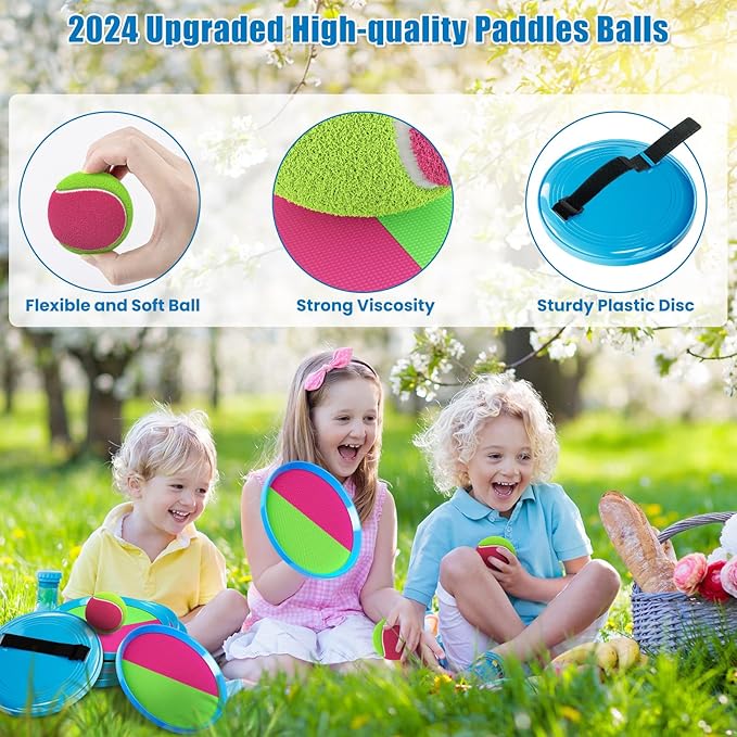 Aywewii Toss and Catch Ball Set Kids Games, Beach Outdoor Toys for Kid with 6 Paddles and 3 Balls Kids Toys Outside Boys Game Age 3-12 Easter Basket Stuffers Birthday Gift