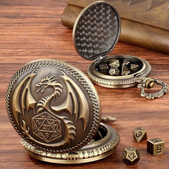 Mini DND Dice Set with Steampunk Dragon Pocket Watch Case, Tiny 7-Piece Polyhedral Metal D&D Dice, DND Gifts with Dragon Logo Gift Bag, Role Playing Game Board Game Accessories Dice, Bronze