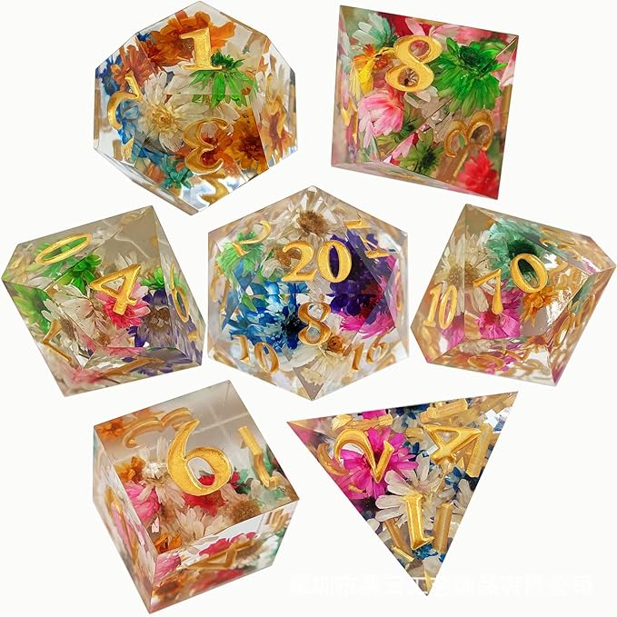 Futhark Flower Rain DND Dice: Polyhedral Resin Dice for Dungeons & Dragons, RPGs, and Board Games – 7 Piece Sharp Edge DND Dice Set with Case