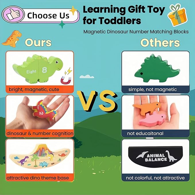 Montessori Dinosaur Stacking Toys - Magnetic Dinosaur Blocks, Matching & Sorting & Balance Board Game for Kids, Numbers 1-10 Learning Toys for 3 4 5 Year Old, Educational Gifts for Boys Girls Birthday