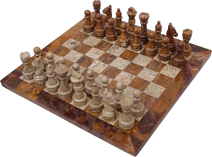 15 Inch Luxury Chess Set Classic Chess Boards for Adults with Handcrafted Stone Board & Marble Chess Pieces Ideal for Home Decor (Red & Coral)