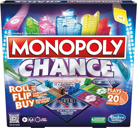 Monopoly Chance Board Game for Adults and Kids | Fast-Paced Family Party Game | Ages 8+ | 2-4 Players | 20 Mins. Average (Amazon Exclusive)