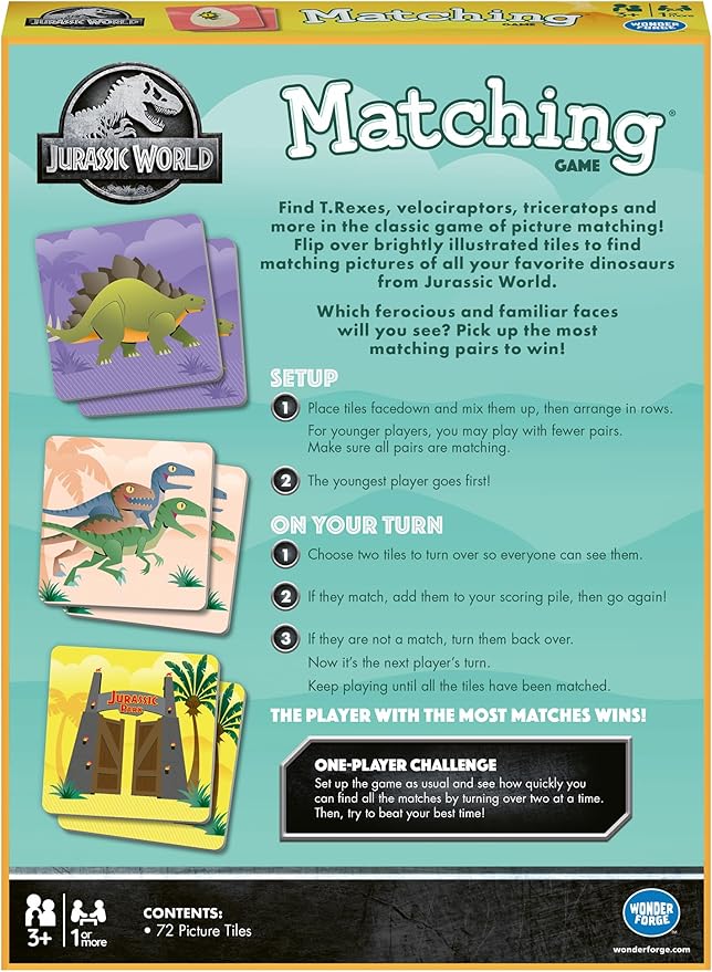Wonder Forge Jurassic World Matching Game | Exciting Memory Enhancer | Engaging Game for Kids and Adults | Featuring Glow-in-the-dark Dinosaur Outlines | Suitable for Age 3 and Up