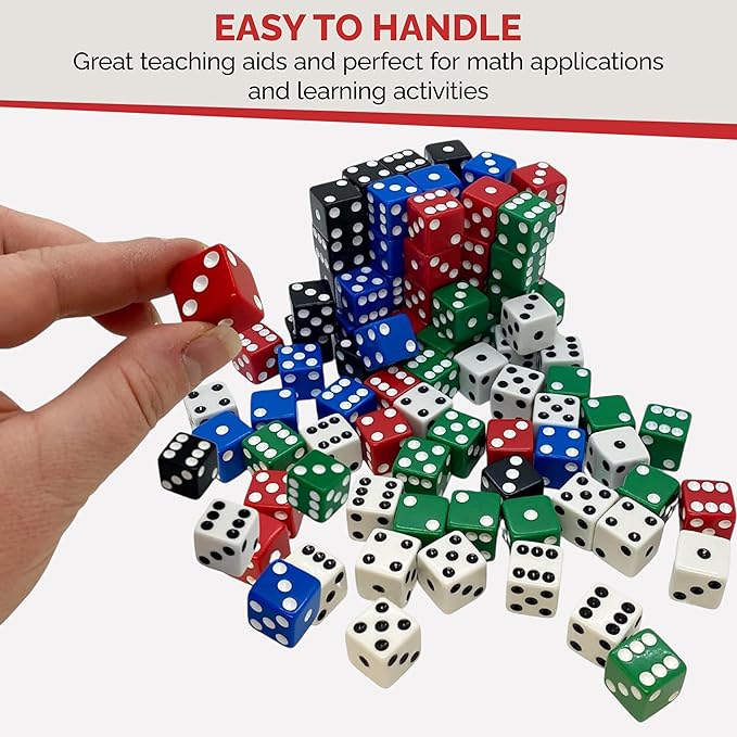 MR CHIPS D6 Standard 16 mm Opaque Dice with Pip Dots - 100 Pack - 5 Color Mix