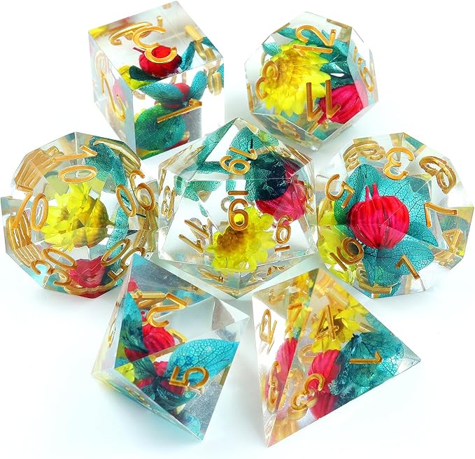 Haxtec Flower Sharp Edge Dice Resin DND Dice Set 7PCS Yellow Blue Red Polyhedral D&D Dice for Role Playing Dice Games as Dungeons and Dragons
