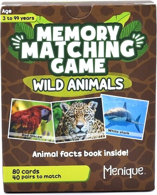Menique Wild Animals Memory Matching Game – 80 Cards (40 Pairs) with Real Photos – Includes Educational Booklet with Animal Facts – Fun & Cognitive Game for Kids and Adults