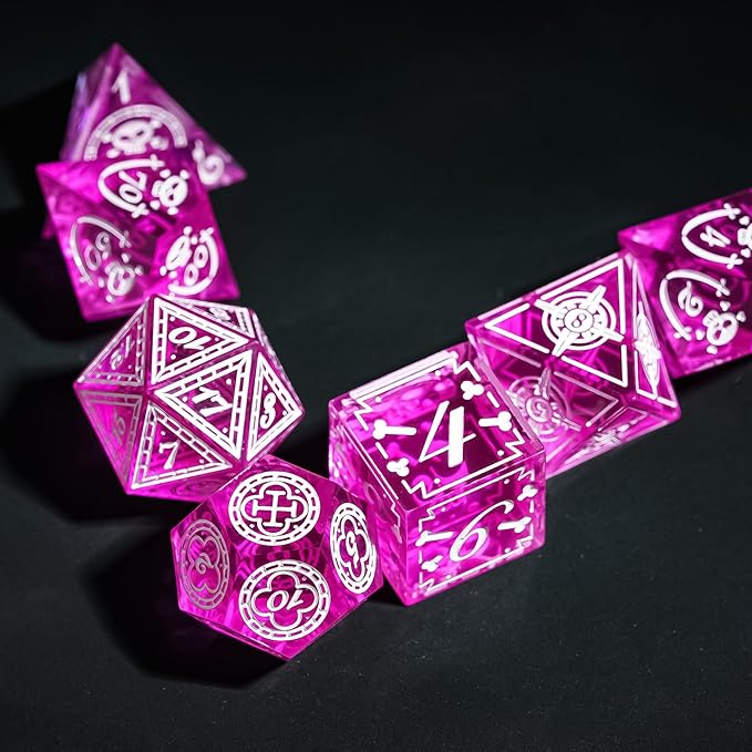 Cusdie 7-Piece Sharp Edges DND Dice Set with Pirate Design - Perfect for Tabletop RPGs Board Games Gifting and Collecting(Rose Red w/White Pirate Pattern)