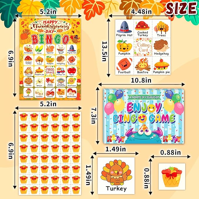 Thanksgiving Bingo Cards, 24 Players Cute Thanksgiving Bingo Game for Kids Adults Famliy Party Game Supplies for Classroom Shool Fall Festival
