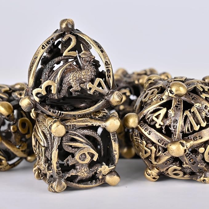DND Metal Dice Set, UBEUCK 7PCS Gear Metal DND Dice Set for Dungeons & Dragons Board Games Boxes (Bronze dice)