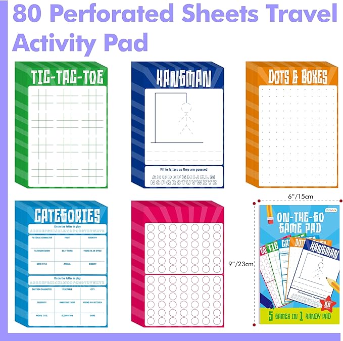 Road Trip Game Pad, 80 Perforated Sheets Travel Activity Pad, 5 Games in 1 Pad, Plane, Car Trip Activity, Pen Pencil & Paper Game for Kids, Adults (6” x 9”)