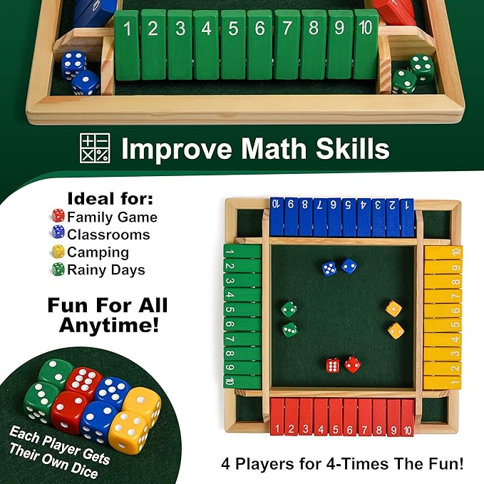 Wooden Shut The Box – Indoor Dice Game – Ideal for 2-4 Players – Great Family Game – Colorful Design - Comfortable Felt – Smart Math Game for Kids – Fun Learning Board Game - Nice Gift Packaging