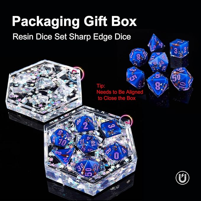 DND Dice Set Polyhedral, IDTQ Dungeons and Dragons Purple Dice Set RPG MTG Table Games 7-Die Resin Sharp with Acrylic Starlight Accent Box (Expression-Blue)