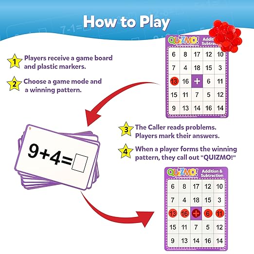 QUIZMO Addition & Subtraction - Bingo-Style Math Game - 2 Game Modes for Ages 6-10 - Teach Basic Mathematics