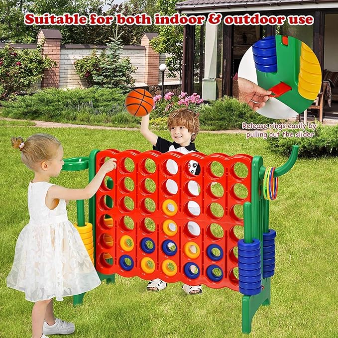 Giant 4 in a Row Connect Game, Jumbo 4 to Score Game Set w/ 42 Chess Rings, Basketball & Hoop, Toss Rings & Quick-Release Lever, Indoor & Outdoor Family Party Game for Kids & Adults