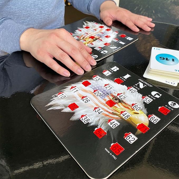 MR CHIPS Jam-Proof Bingo Cards with Sliding Windows, 25 Reusable Shutter Cards, 75 Calling Cards 1 Master Board in Star and Strips Style