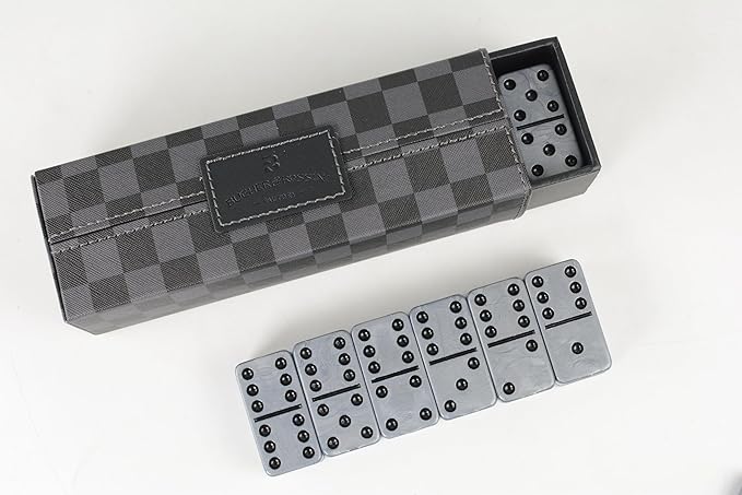 Dominos Set for Adluts - Double 6 Jumbo Domino Set - 28 Thick Marbleized Black and Gray Tiles - Dominoes Set for Adults and Kids, Classic Board Game for Family Nights & Travel (Black & Grey Case)